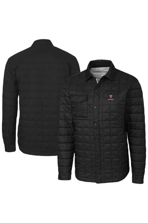 Men's-Cutter & Buck Black Harvard Crimson Ranier Eco Insulated PrimaLoft Full-Snap Shacket
