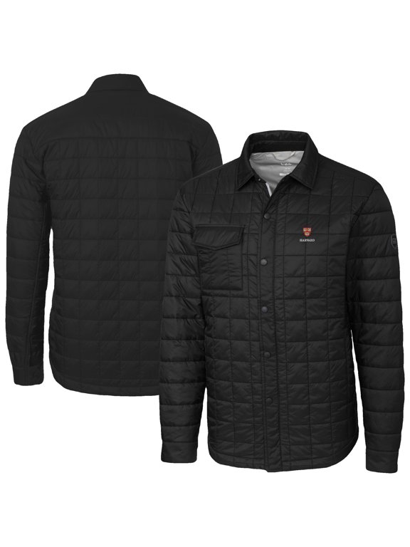 Men's-Cutter & Buck Black Harvard Crimson Ranier Eco Insulated PrimaLoft Full-Snap Shacket