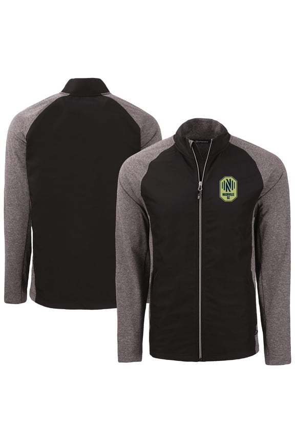 Men's-Cutter & Buck Black/Heather Black Nashville SC Adapt Eco Knit Hybrid Recycled Full-Zip Jacket