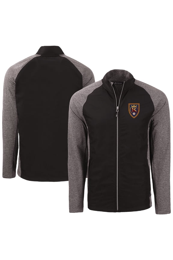 Men's-Cutter & Buck Black/Heather Black Real Salt Lake Adapt Eco Knit Hybrid Recycled Full-Zip Jacket