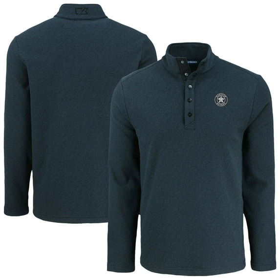 Men's Cutter & Buck Black Houston Astros Hunts Point Eco Textured Fleece Recycled Half-Snap Sweatshirt