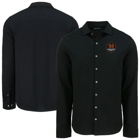 Men's Cutter & Buck Black Houston Dynamo FC Knitted Advantage Tri-Blend Eco Soft Pique Long Sleeve Button-Up Shirt