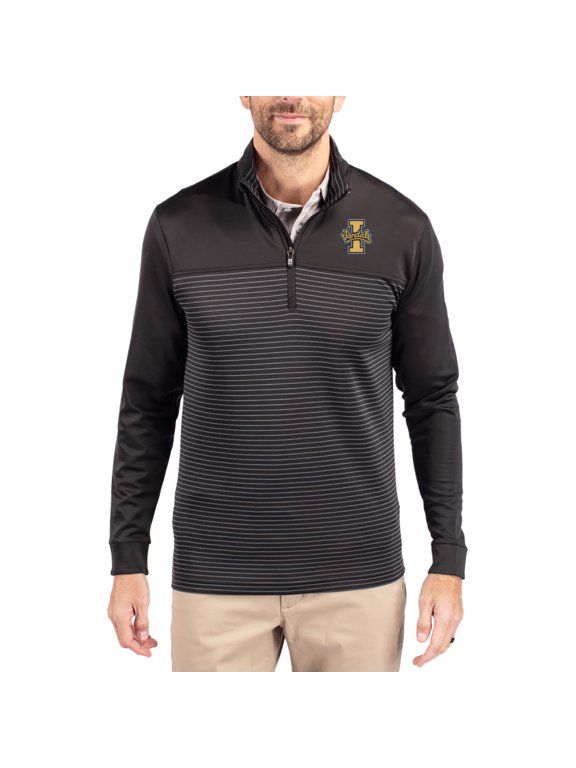 Men's-Cutter & Buck Black Idaho Vandals Traverse Stretch Eco Stripe DryTec Tri-Blend Quarter-Zip Pullover