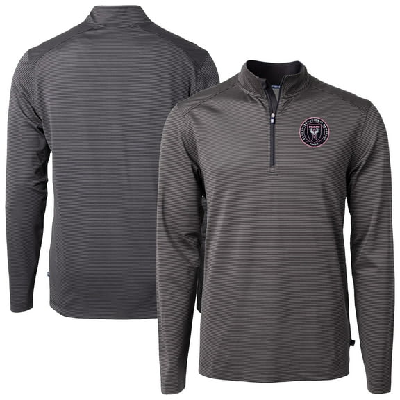 Men's-Cutter & Buck Black Inter Miami CF Big & Tall Virtue Eco Pique Micro Stripe Recycled Quarter-Zip