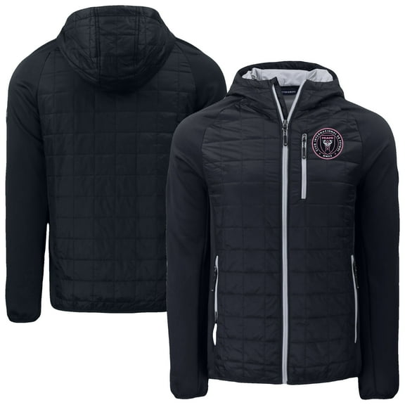 Men's Cutter & Buck Black Inter Miami CF Rainier PrimaLoft- Eco Raglan Full-Zip Hoodie Hybrid Jacket