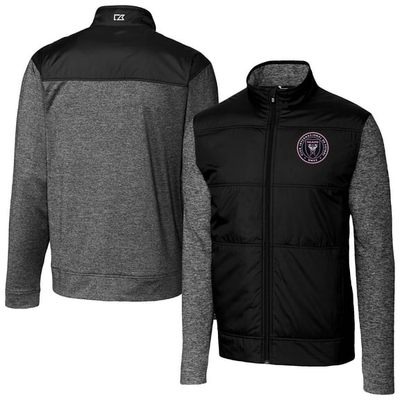 Men's Cutter & Buck  Black Inter Miami CF Stealth Hybrid Quilted Full-Zip Windbreaker Jacket