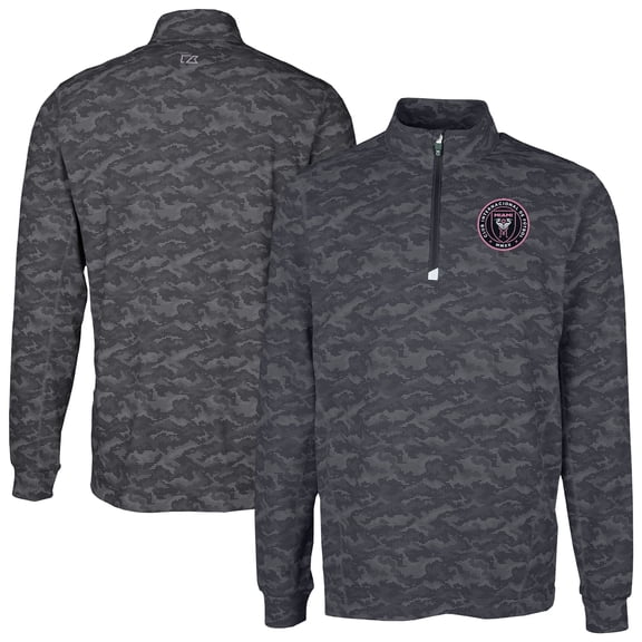 Men's-Cutter & Buck Black Inter Miami CF Traverse Stretch Eco Camo Print Quarter-Zip Pullover Top