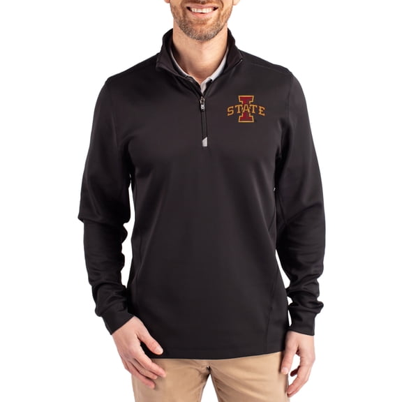 Men's-Cutter & Buck Black Iowa State Cyclones DryTec Traverse Stretch Eco Tri-Blend Quarter-Zip Pullover