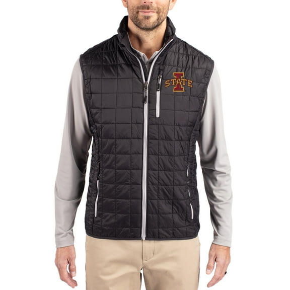 Men's-Cutter & Buck  Black Iowa State Cyclones Rainier Eco Insulated PrimaLoft Full-Zip Puffer Vest