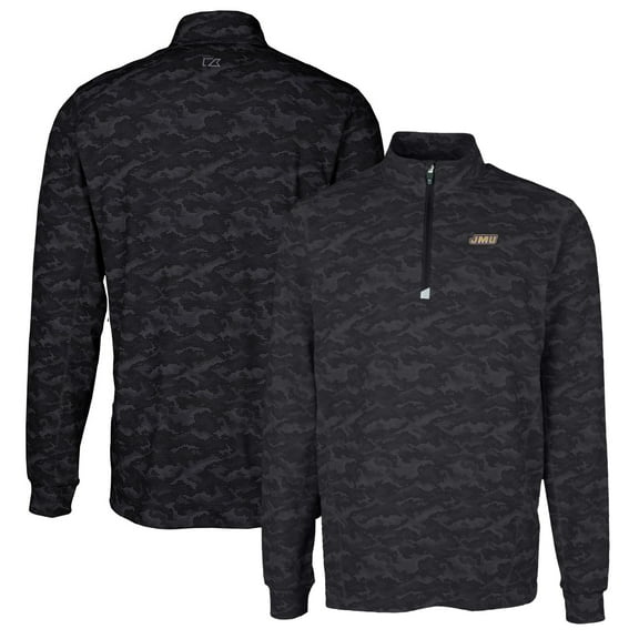 Men's Cutter & Buck Black James Madison Dukes Traverse Camo Print Stretch Quarter-Zip Pullover Top