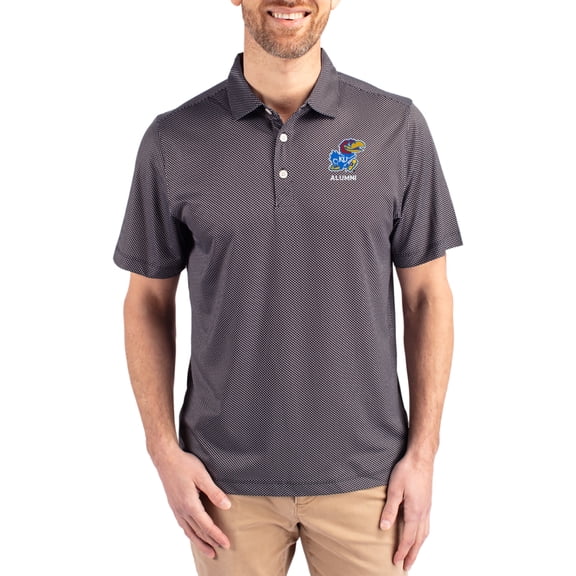 Men's Cutter & Buck Black Kansas Jayhawks Alumni Pike Eco Symmetry Print Stretch Recycled Polo