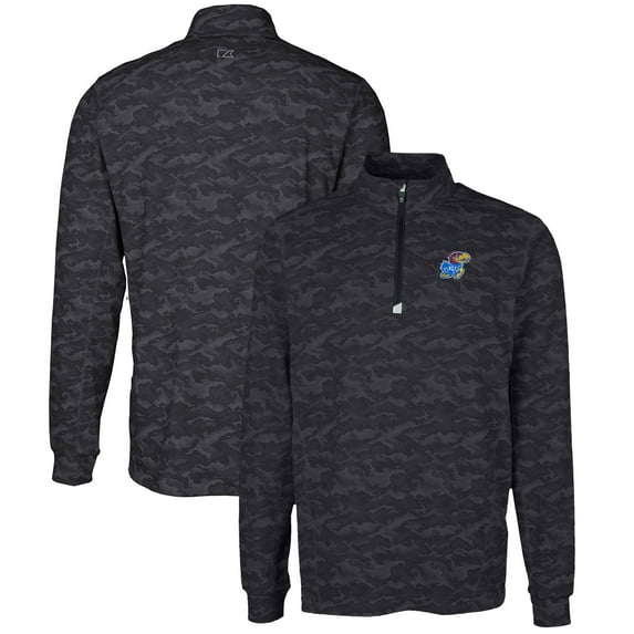 Men's Cutter & Buck Black Kansas Jayhawks Big & Tall Traverse Camo Print Stretch Quarter-Zip Pullover Top