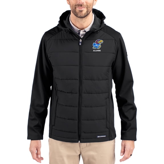Men's Cutter & Buck Black Kansas Jayhawks Evoke Hybrid Eco Softshell Recycled Full Zip Hooded Jacket