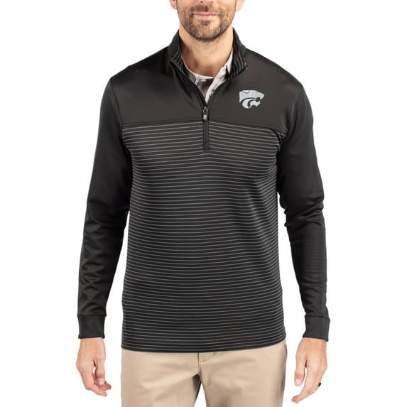 Men's-Cutter & Buck Black Kansas State Wildcats Traverse Stretch Eco Stripe DryTec Tri-Blend Quarter-Zip Pullover