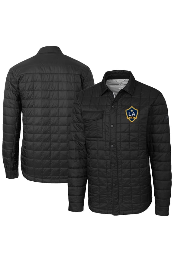 Men's-Cutter & Buck  Black LA Galaxy Big & Tall Rainier PrimaLoft Eco Insulated Full-Snap Quilted Shirt Jacket