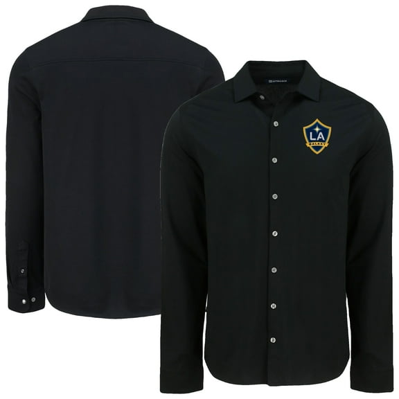 Men's Cutter & Buck Black LA Galaxy Knitted Advantage Tri-Blend Eco Soft Pique Long Sleeve Button-Up Shirt