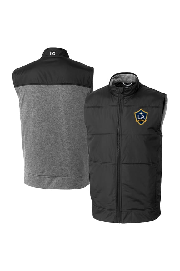 Men's-Cutter & Buck  Black LA Galaxy Stealth Hybrid Quilted Windbreaker Vest