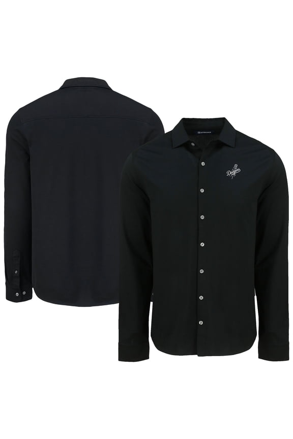 Men's Cutter & Buck Black Los Angeles Dodgers Knitted Advantage Tri-Blend Eco Soft Pique Long Sleeve Button-Up Shirt