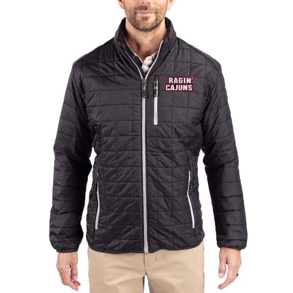 Men's-Cutter & Buck Black Louisiana Ragin' Cajuns Rainier Eco Insulated PrimaLoft Full-Zip Puffer Jacket
