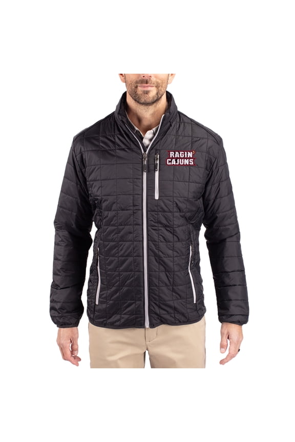 Men's-Cutter & Buck  Black Louisiana Ragin' Cajuns Rainier Eco Insulated PrimaLoft Full-Zip Puffer Jacket