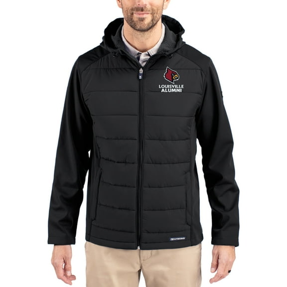 Men's Cutter & Buck Black Louisville Cardinals Evoke Hybrid Eco Softshell Recycled Full Zip Hooded Jacket