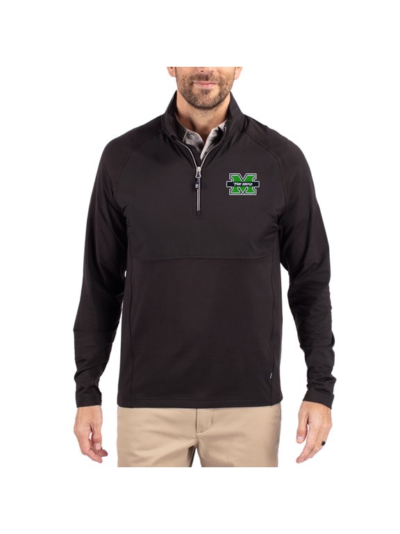 Men's Cutter & Buck Black Marshall Thundering Herd Adapt Eco Knit Hybrid Recycled Quarter-Zip Jacket