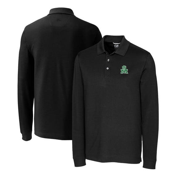 Men's Cutter & Buck Black Marshall Thundering Herd Advantage Tri-Blend Pique Long Sleeve Polo