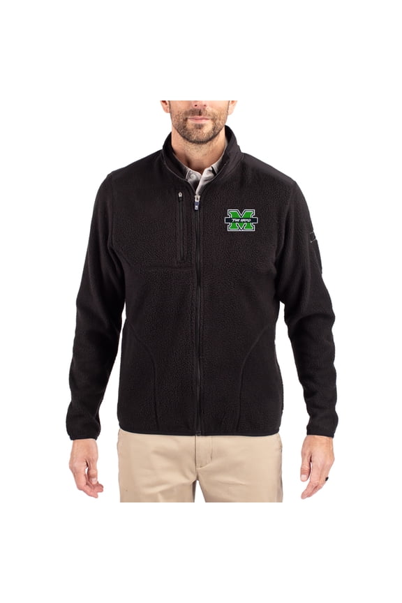 Men's Cutter & Buck Black Marshall Thundering Herd Cascade Eco Fleece Full-Zip Jacket