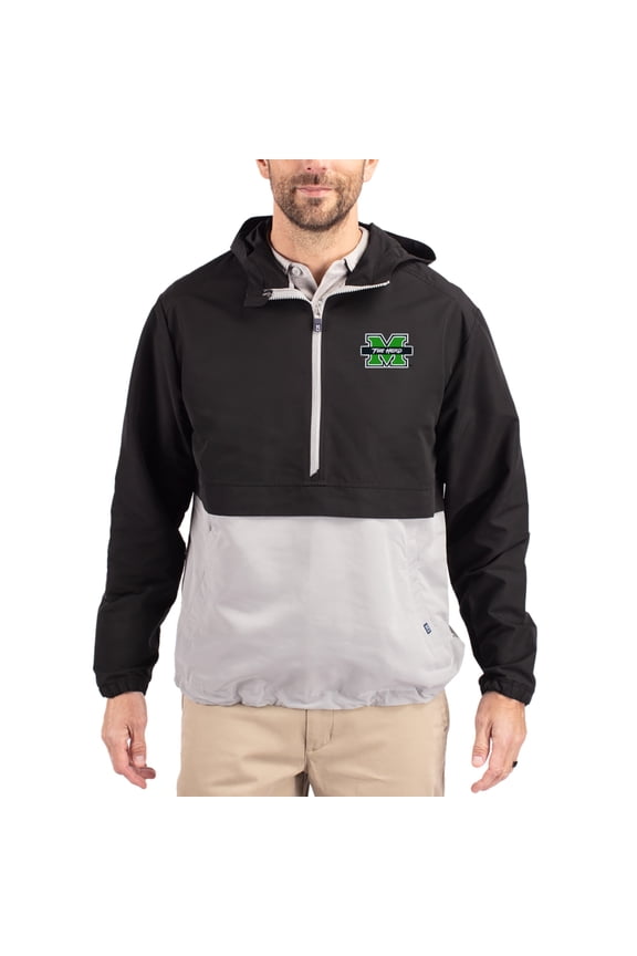 Men's Cutter & Buck Black Marshall Thundering Herd Charter Eco Recycled Half-Zip Anorak Jacket
