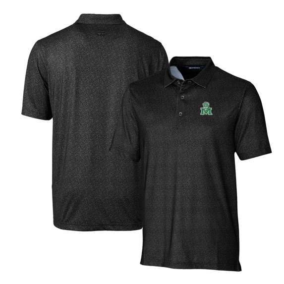 Men's Cutter & Buck Black Marshall Thundering Herd Primary Team Logo Pike Micro Floral Stretch Polo