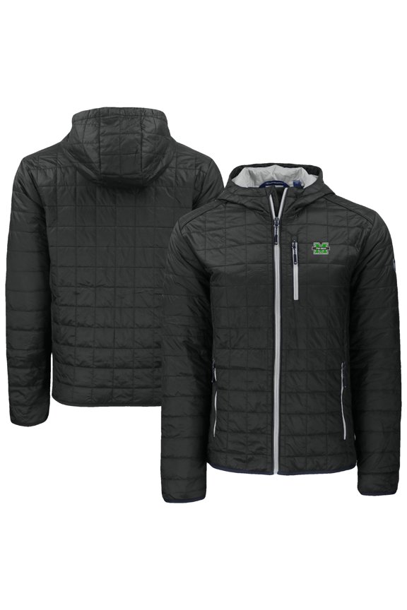 Men's-Cutter & Buck  Black Marshall Thundering Herd Rainier Eco PrimaLoft Hooded Full-Zip Jacket