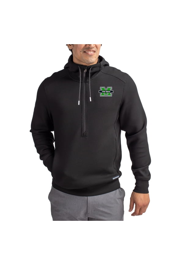 Men's-Cutter & Buck  Black Marshall Thundering Herd Roam Eco Recycled Half-Zip Pullover Hoodie
