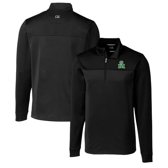 Men's Cutter & Buck Black Marshall Thundering Herd Traverse Stripe Quarter-Zip Pullover Top