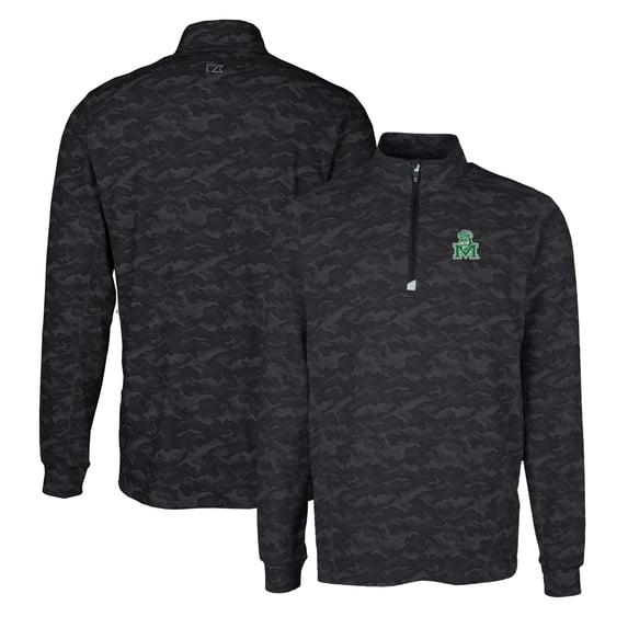 Men's Cutter & Buck Black Marshall Thundering Herd Vault Traverse Camo Print Stretch Quarter-Zip Pullover Top