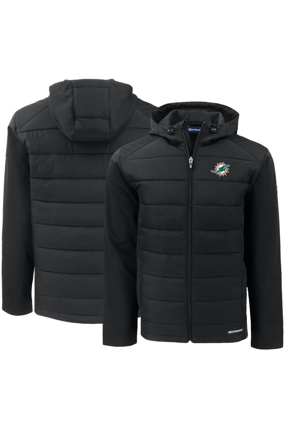 Men's Cutter & Buck Black Miami Dolphins  Evoke PrimaLoft Hybrid Eco Softshell Recycled Full-Zip Hooded Jacket