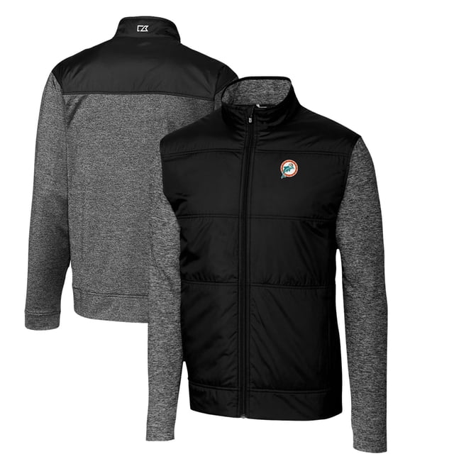 Men's Cutter & Buck Black Miami Dolphins Throwback Logo Stealth Hybrid Quilted FullZip