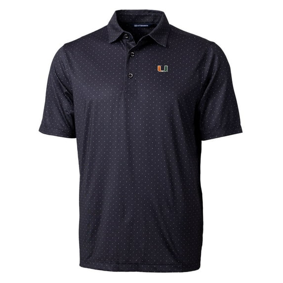 Men's Cutter & Buck Black Miami Hurricanes Pike Double Dot Print Stretch Polo