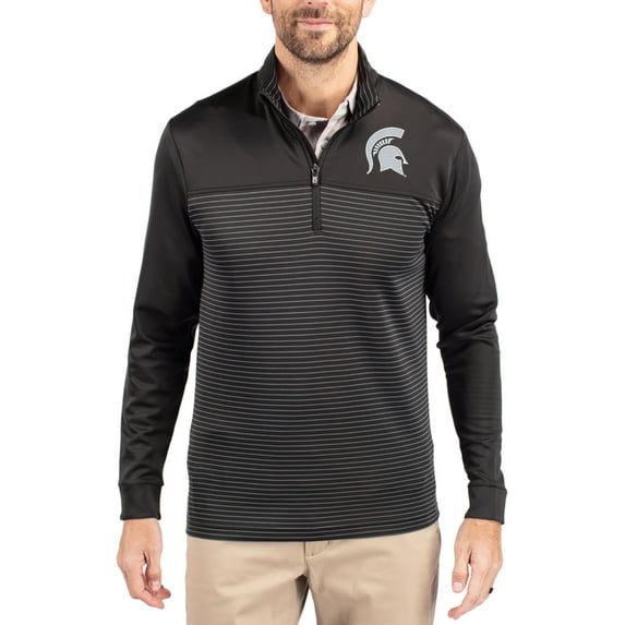 Men's-Cutter & Buck Black Michigan State Spartans Traverse Stretch Eco Stripe DryTec Tri-Blend Quarter-Zip Pullover