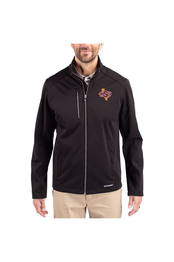 Men's Cutter & Buck Black Midwestern State Mustangs Evoke Eco Softshell Recycled Full-Zip Jacket