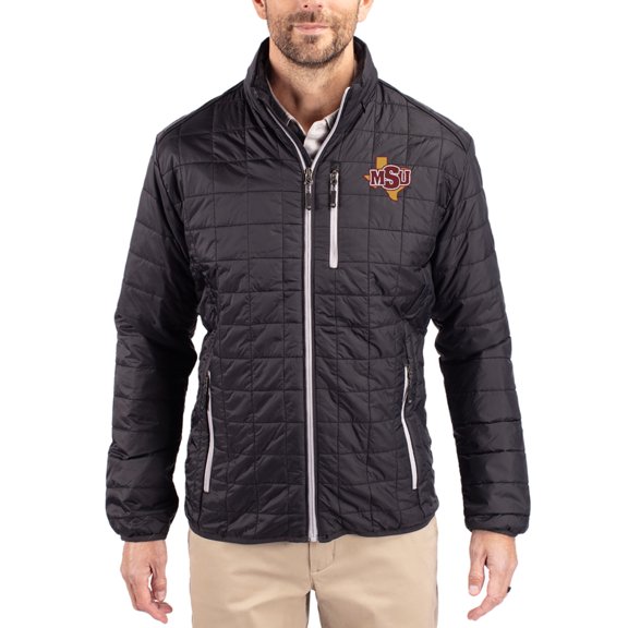 Men's-Cutter & Buck  Black Midwestern State Mustangs Rainier Eco Insulated PrimaLoft Full-Zip Puffer Jacket