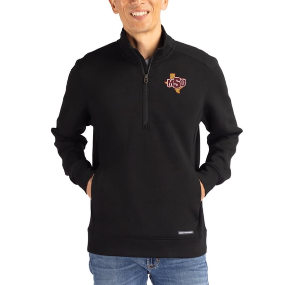 Men's-Cutter & Buck  Black Midwestern State Mustangs Roam Eco Recycled Quarter-Zip Pullover