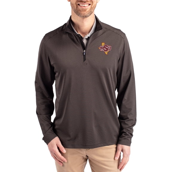Men's-Cutter & Buck Black Midwestern State Mustangs Virtue Micro Stripe DryTec Quarter-Zip Pullover