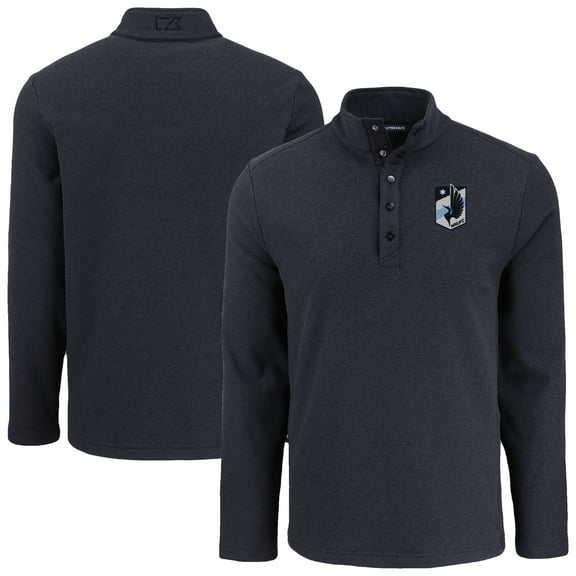 Men's-Cutter & Buck  Black Minnesota United FC Hunts Point Eco Textured Fleece Recycled Quarter-Snap Pullover