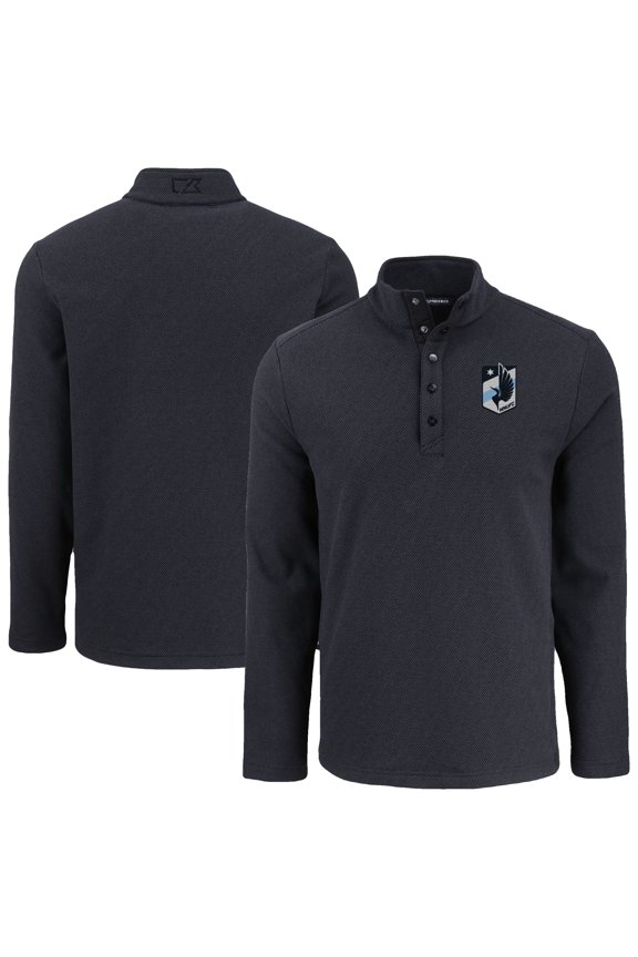 Men's-Cutter & Buck Black Minnesota United FC Hunts Point Eco Textured Fleece Recycled Quarter-Snap Pullover