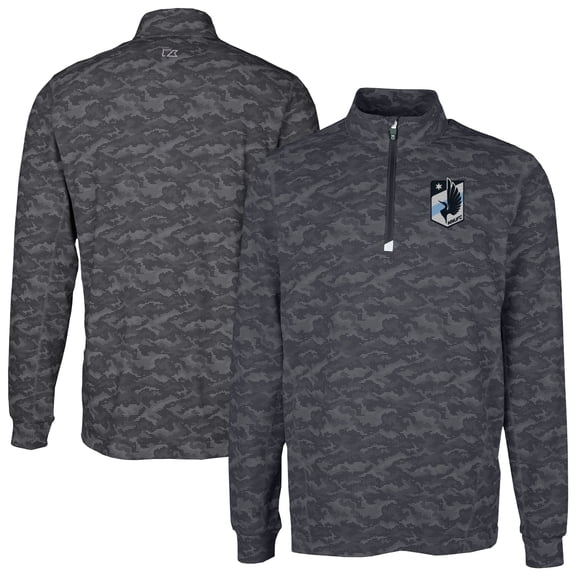 Men's-Cutter & Buck Black Minnesota United FC Traverse Stretch Eco Camo Print Quarter-Zip Pullover Top