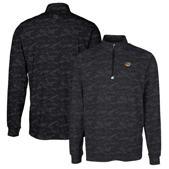 Men's Cutter & Buck Black Missouri Tigers Traverse Camo Print Stretch Quarter-Zip Pullover Top