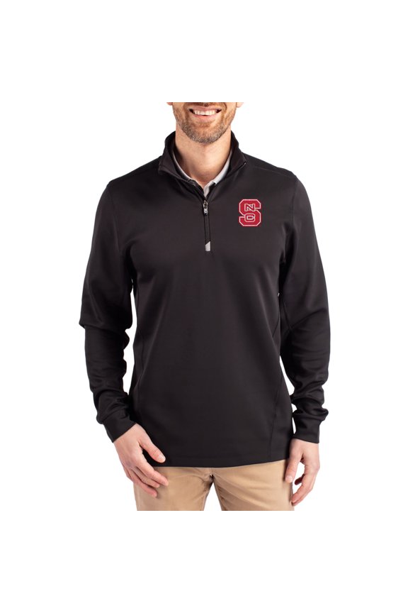 Men's-Cutter & Buck Black NC State Wolfpack DryTec Traverse Stretch Eco Tri-Blend Quarter-Zip Pullover