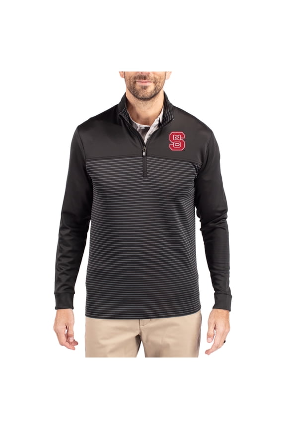 Men's-Cutter & Buck Black NC State Wolfpack Traverse Stretch Eco Stripe DryTec Tri-Blend Quarter-Zip Pullover