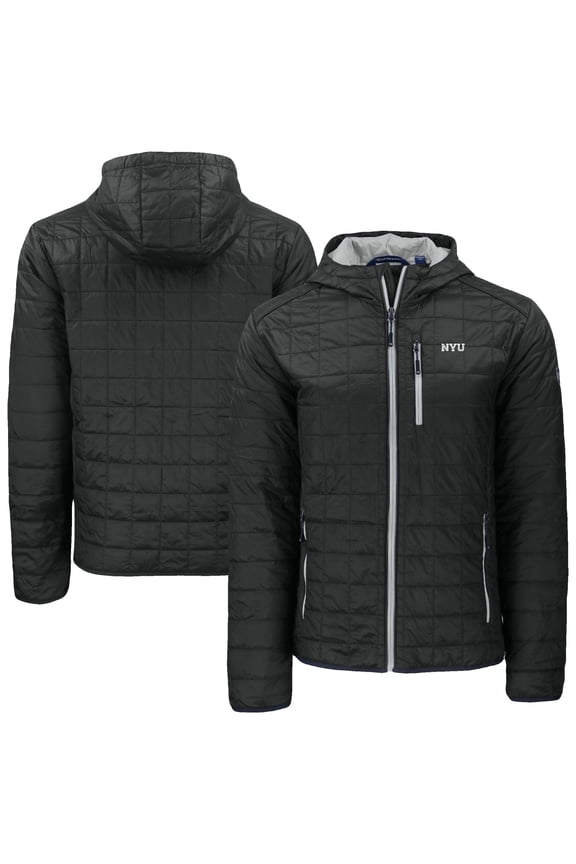 Men's-Cutter & Buck  Black NYU Violets Rainier Eco PrimaLoft Hooded Full-Zip Jacket