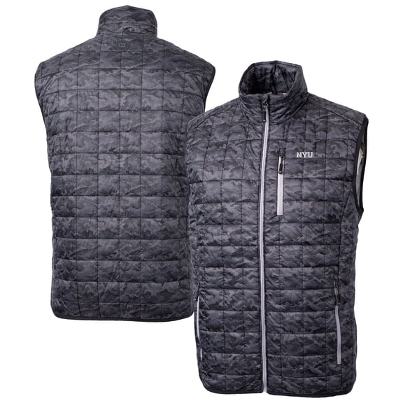 Men's-Cutter & Buck Black NYU Violets Rainier PrimaLoft Camo Full-Zip Puffer Vest